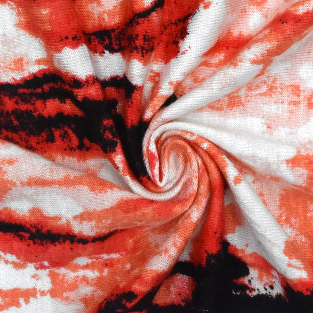 White-Red-Multi Tie Dye Printed Rayon Stretch Jersey Knit Fabric