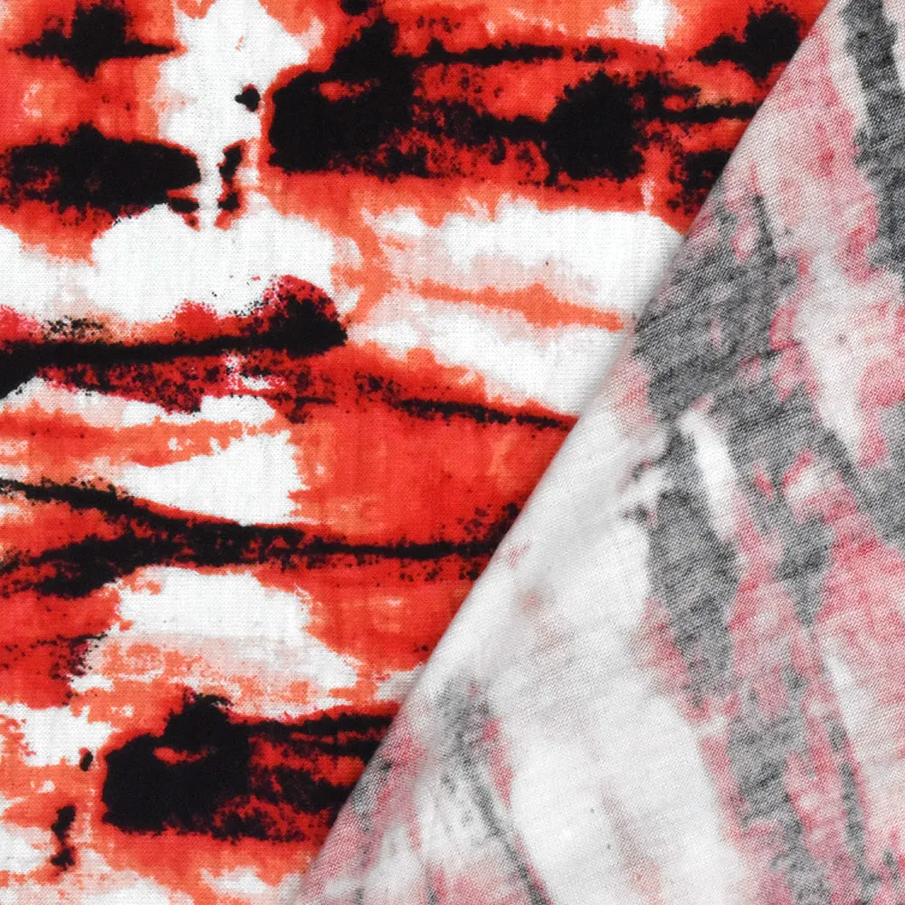 White-Red-Multi Tie Dye Printed Rayon Stretch Jersey Knit Fabric