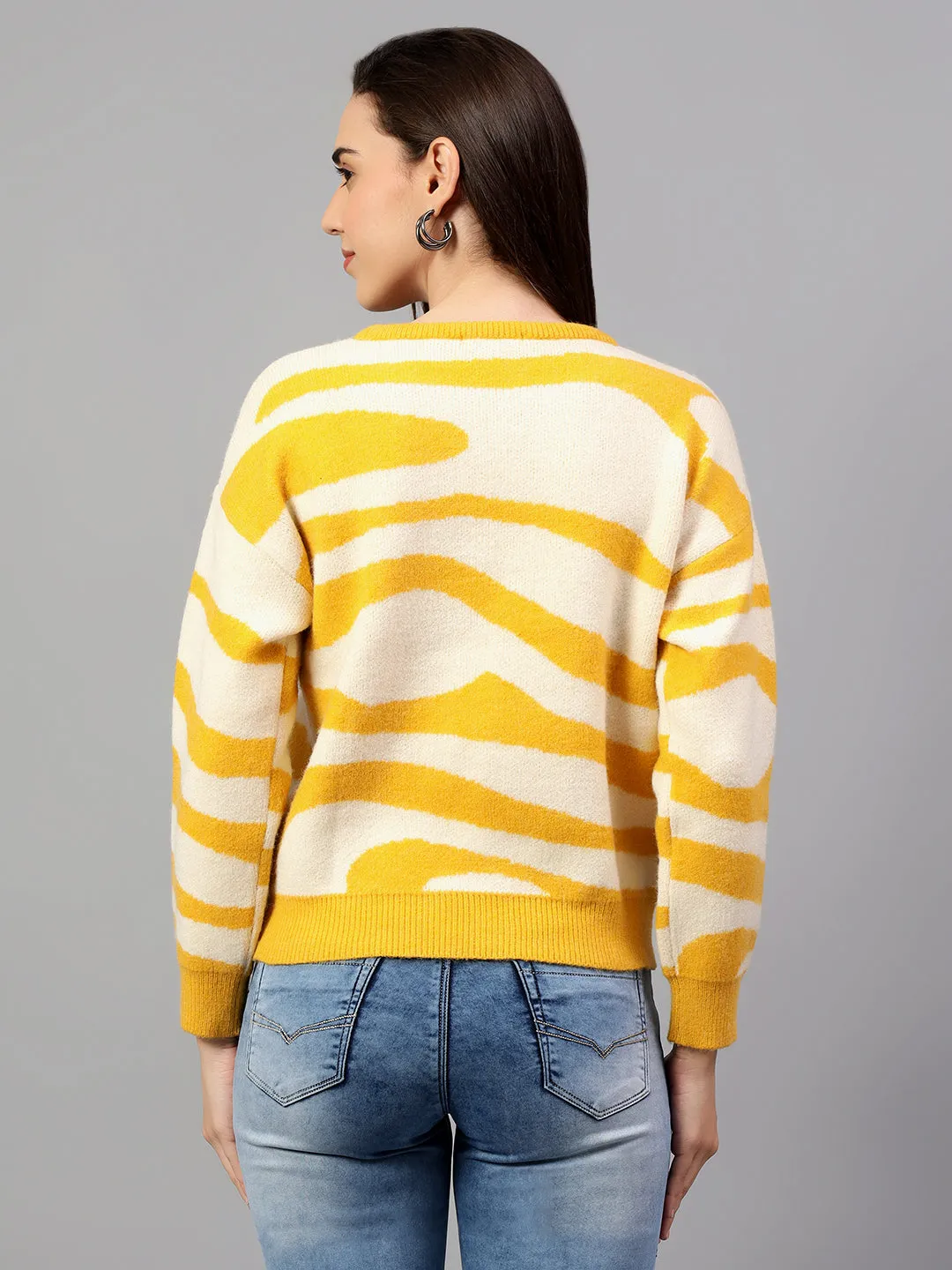 Women's Self Design Yellow Full Sleeve Casual Sweater