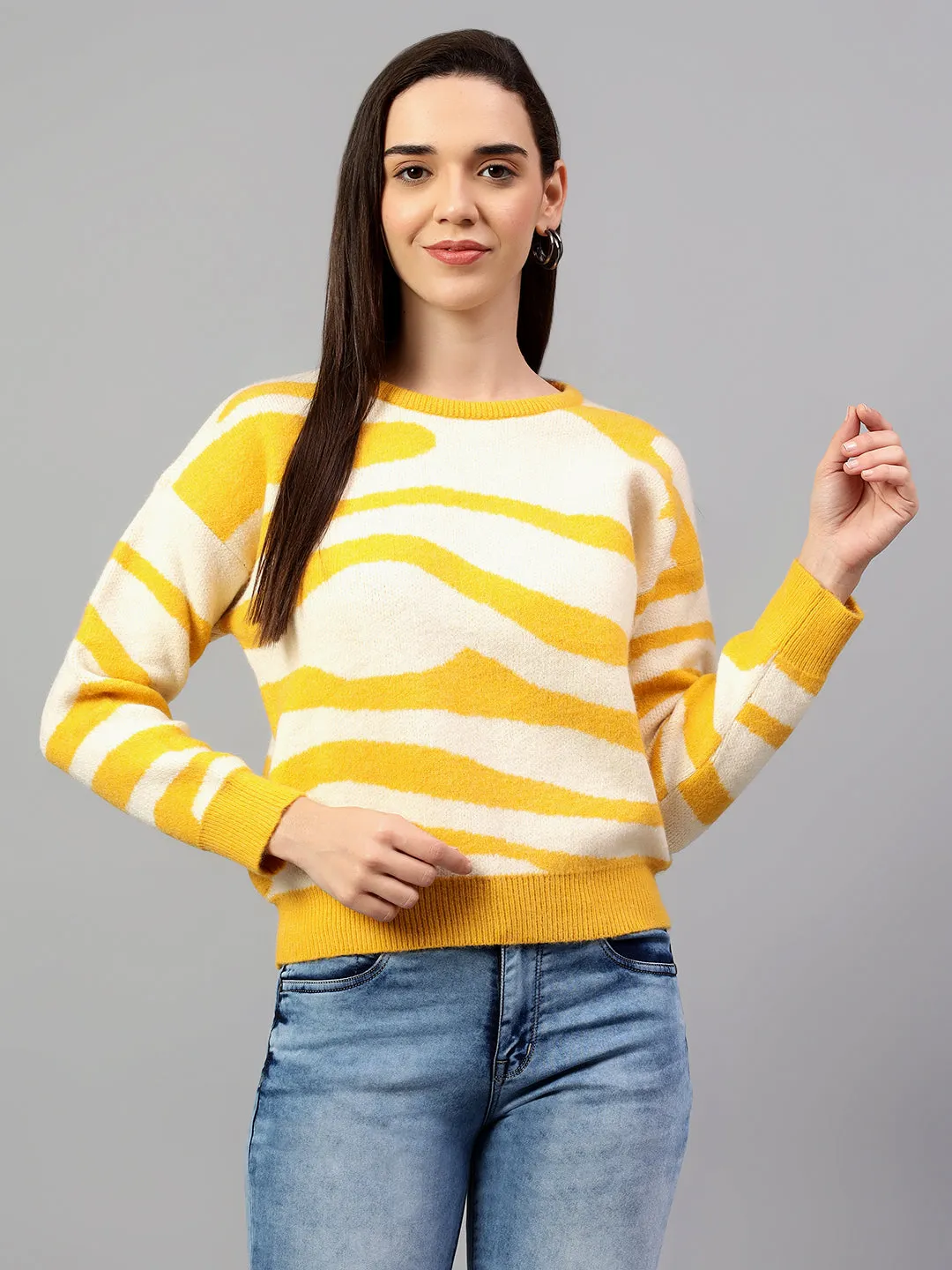 Women's Self Design Yellow Full Sleeve Casual Sweater